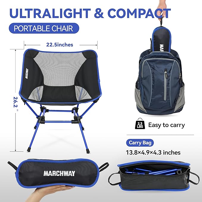 MARCHWAY Ultralight Folding Camping Chair Heavy Duty Portable Compact for Outdoor Camp Travel Beach Picnic Festival Hiking Lightweight Backpacking (Dark Blue)