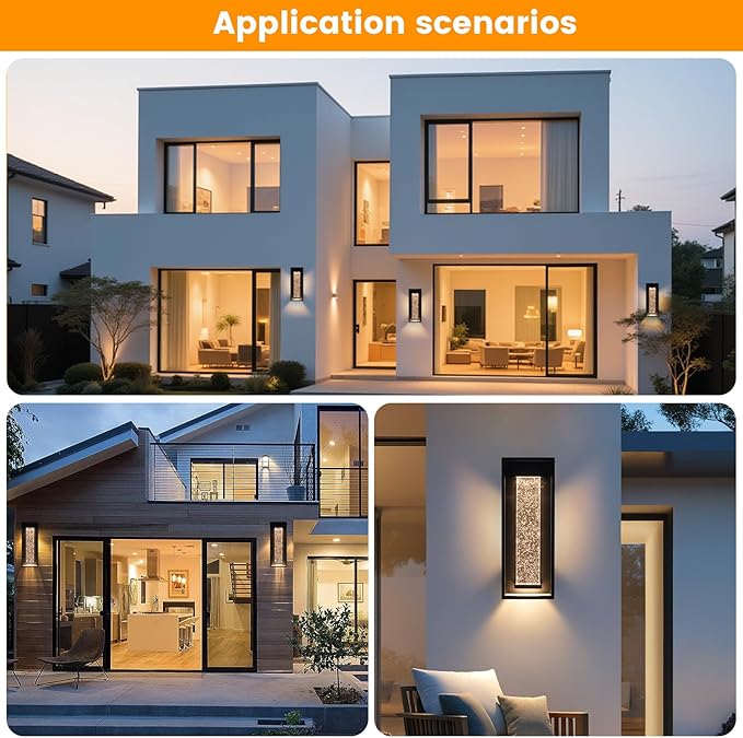 4Pack 16 Inch Waterproof Outdoor Wall Sconce Matte Black Metal &amp Crystal Bubble Glass 3000K Warm White LED Lantern Exterior Wall Light for Porch Garage Patio