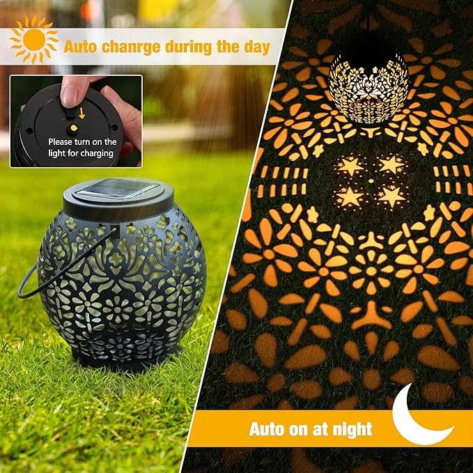 ODEETRONIC 2 Pack Warm White Outdoor Hanging Solar Garden Lanterns with Star Projection Retro Hollowed-Out LED Lights Waterproof for Yard Patio Lawn Porch Pathway Garden