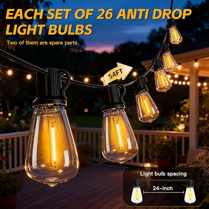 54(48+6) FT Solar String Lights Outdoor IP65Waterproof Garden LightUSB &amp Solar ChargingWith Remote And 24+2 LED Shatterproof Bulb 8 Light ModesDimmable solar lightsDecoration For Camping Backy