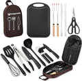Camping Essentials Cookware Cooking Utensils Set - Portable Camp Kitchen Mess Kit Outdoor Accessories Stainless Steel &amp Silicone Camping Gear Equipment for RV Picnic Grill Brown