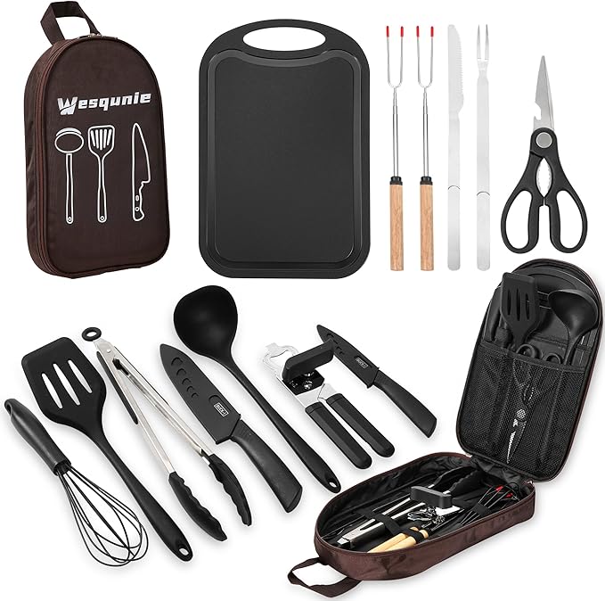Camping Essentials Cookware Cooking Utensils Set - Portable Camp Kitchen Mess Kit Outdoor Accessories Stainless Steel &amp Silicone Camping Gear Equipment for RV Picnic Grill Brown