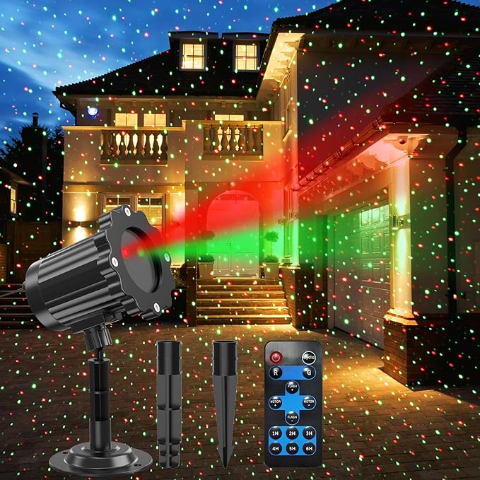 Christmas Projector Lights Outdoor Waterproof Christmas Laser Lights Outdoor with Remote Landscape Spotlight Red and Green Star Show Laser Projection for Garden House Decor Holiday Xmas Decoration