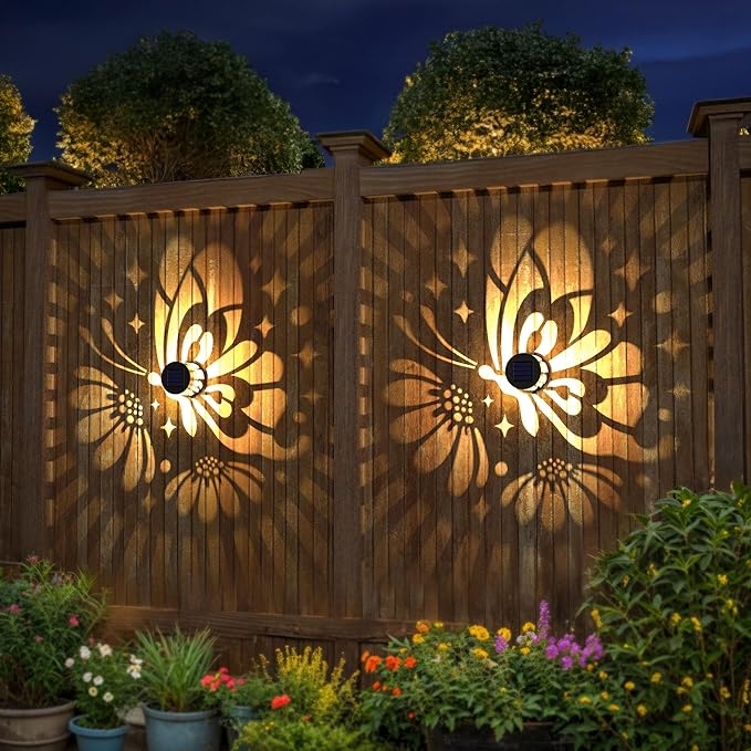 Solar Fence Lights 4 Pack Solar Deck Lamps Outdoor Decorations Powered Step Lights Wall Waterproof LED Warm Decorative Lighting for Garden (Butterfly-Flower 4)