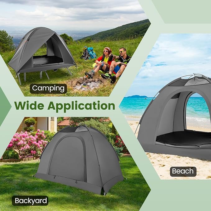 Tangkula 2 Person Tent Cot Portable Off Ground Elevated Camping Tent with Cot Removable Rainfly Wheeled Bag Stakes &amp Wind Ropes for Beach Picnic Hiking Travel