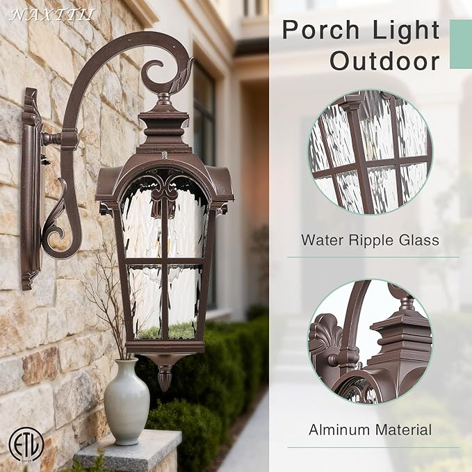 Outdoor Wall Sconce Lights ORB Finish Exterior Lighting Fixtures with Water Ripple Glass Aluminum Porch Lights Outdoor for Front Door Garage Entryway E26 Socket Waterproof