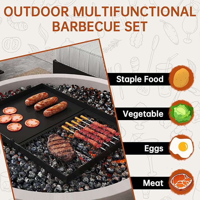 Folding Campfire Grill grate Compact Height-Adjustable Fire Pit Grilling Grate Heavy Duty Swivel Over Fire Cooking Grate with Handbag for Outdoor Camping Hiking Backpacking and Family Gatherings