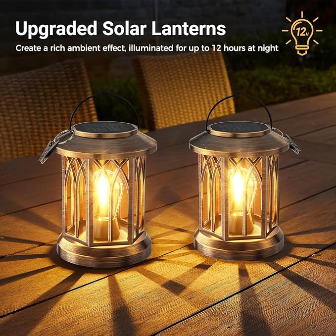 WdtPro Solar Lanterns Outdoor Lights 4 Pack Bright Lanterns Outdoor Waterproof with Clip Patio Decor Hanging Solar Lights for Outside Garden Yard Front Porch Table Decoration (Antique Copper)