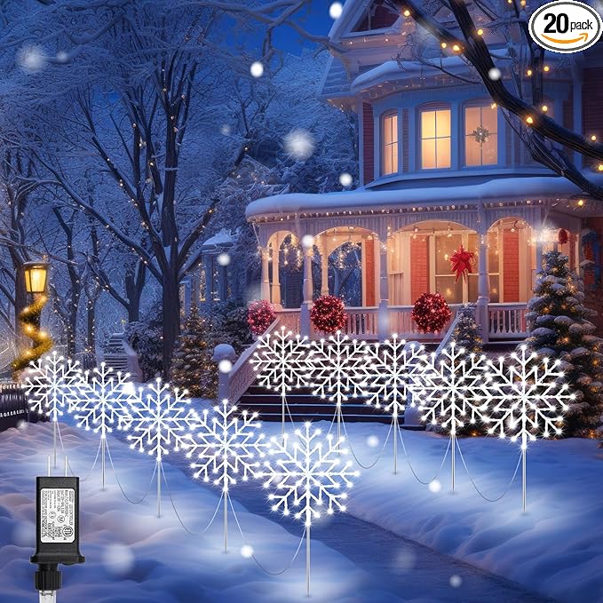 Brightown Large Snowflake Pathway LightsTotal 20-Pack 34 Outdoor Snowflake Christmas Lights Decor for Yard 8 Modes Sidewalk Marker Stake for Driveway Walkway IP44 Waterproof Cool White