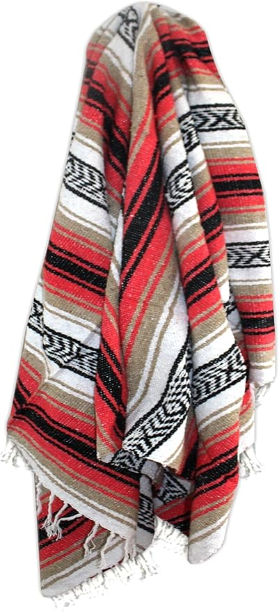 Del Mex Classic Mexican Blanket Large Authentic Woven Falsa Throw (70x50) Artisan Southwest Décor for Beach Yoga Outdoors (Pink/Tan)