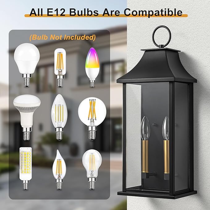 Dusk to Dawn Outdoor Wall Lantern 2-Light 20.6 Large Outside Wall Sconce Modern Black Wall Light Fixture with Glass Waterproof Exterior Lamp for House Porch Garage