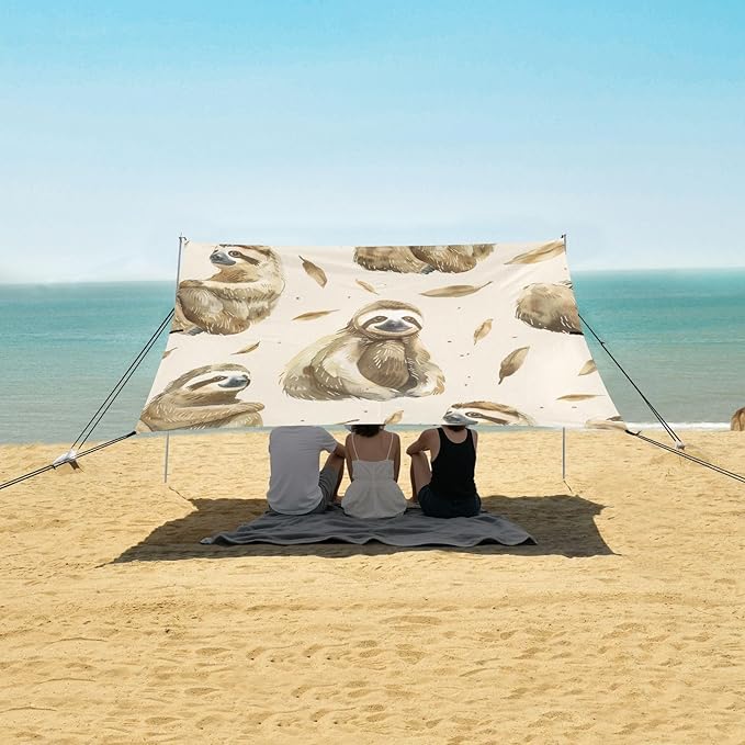Sloth Pattern Beach Tent Sun Shelter 9.2' x 10.5' Beach Canopy with 4 Sandbags 4 Stability Poles Sand Shovels - Tent Canopy for Beach Camping Fishing Picnics