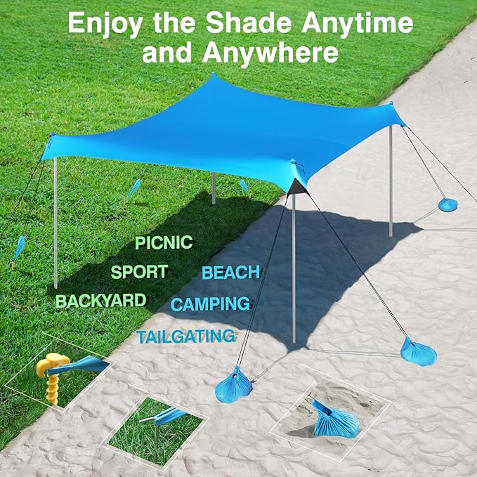 Rhino Valley Beach Tent Shade Canopy UPF50+ Protection 8 Sandbags 4 Stability Poles Outdoor Sun Shelter Umbrella for Sand Camping Fishing Essentials