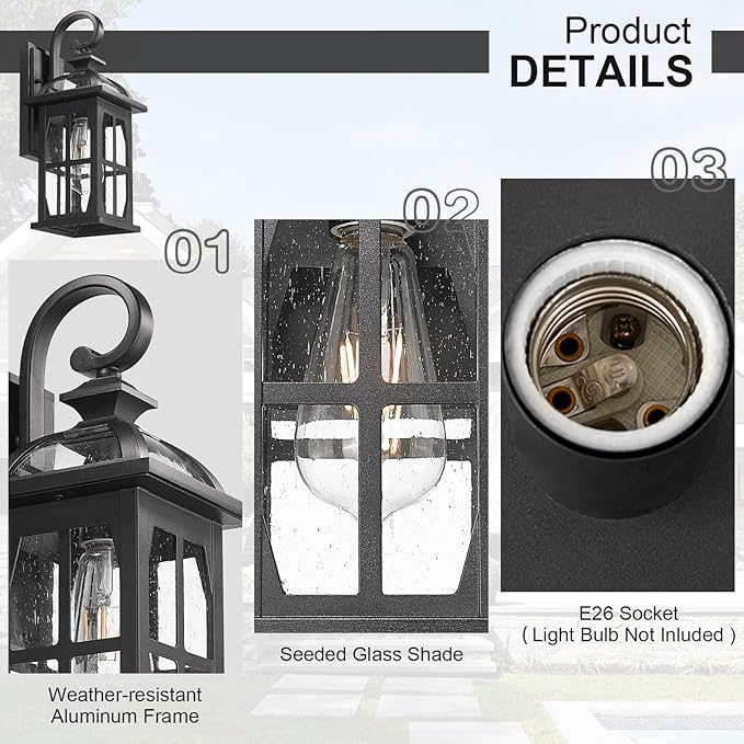 Darkaway Outdoor Wall Lights Exterior Light Fixture with Seeded Glass Aluminum Anti-Rust Exterior Lights Sconces Lighting for House Porch Yard Hallway Doorway Garage