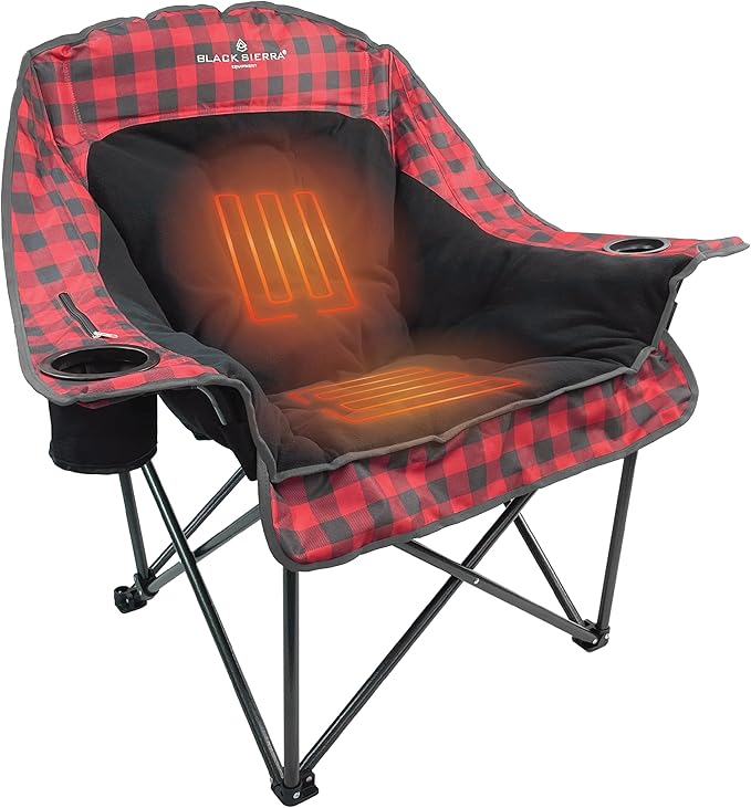 Black Sierra Heated Fleece Camping Chair for Adults Oversized Outdoor Seat with Plush Padding Supports 400lbs Cup Holders and Carry Bag Heavy Duty Folding Chair for Tailgating or Patio