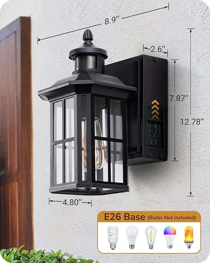 EDISHINE Outdoor Wall Lights with GFCI Outlet Motion Sensor Porch Light for House Dusk to Dawn Exterior Lighting Fixtures Waterproof Outdoor Wall Sconce for Patio Garage Black
