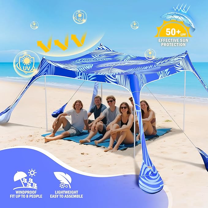 2PM SPORTS Beach Tent Canopy with UPF50+ UV Protection Outdoor Large Beach Sun Shade Shelter for Family Picnic Camping Travel Shore Fishing 8 Sandbags Sand Shovel (Areca Palm 10x10 FT)