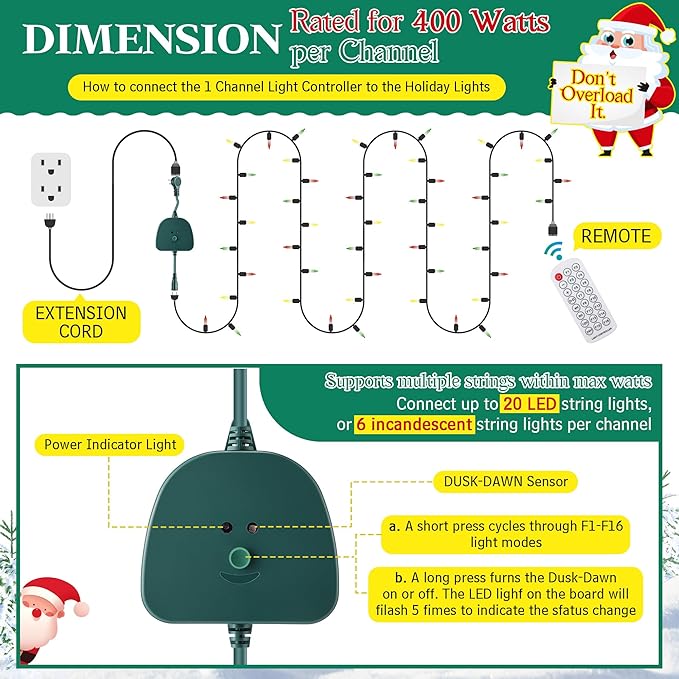 Christmas Light Controller with Remote Create Dazzling Lighting Displays with Multiple Functions Timer Dusk to Dawn Sensor Adjust Speed for Christmas Outdoor String Light (1 Channel 16 Functions)