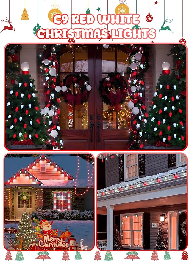 2-Pack Connectable C9 Christmas Lights Outdoor Indoor 66 FT 100 LED Christmas String Lights Plug in with 8 Modes &amp Timer Waterproof Fairy Twinkle Light for Xmas Tree Yard Decorations (Red and Wh