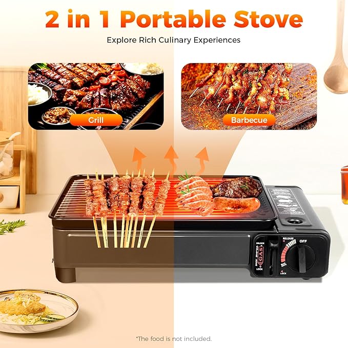 Gas Grill Butane Grill Stove Portable Camping Grill Gas Stove Free Standing BBQ Grill Portable Butane w/Grilling Net Carry Case for Camping Traveling Outdoor Cooking Black