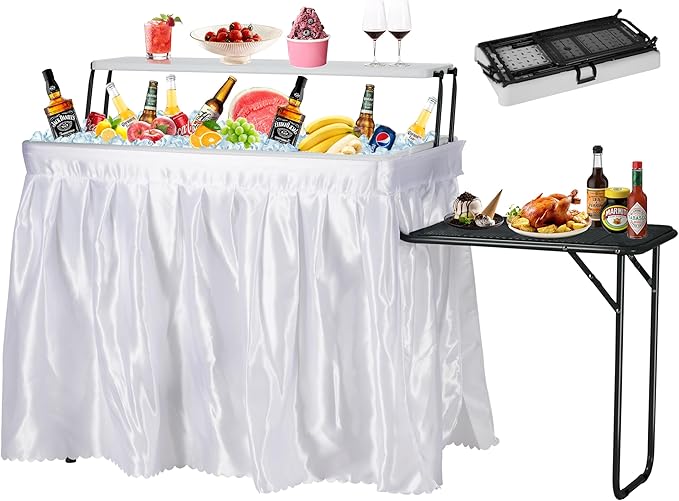 Dragosum Outdoor Ice Cooler Table with Metal Side Desktop Folding Ice Table with Mesh Desktop Portable Bar Drink Cooler Desk‌ with Skirt for Camping Picnic BBQ Party (Black)