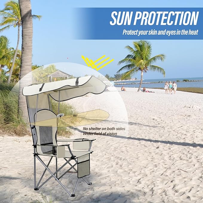 Beach Chair with Canopy Shade Folding Camping Chair Support to 330LBS Outdoor Chair with Cup Holder &amp Cooler Bag for Travel Hiking