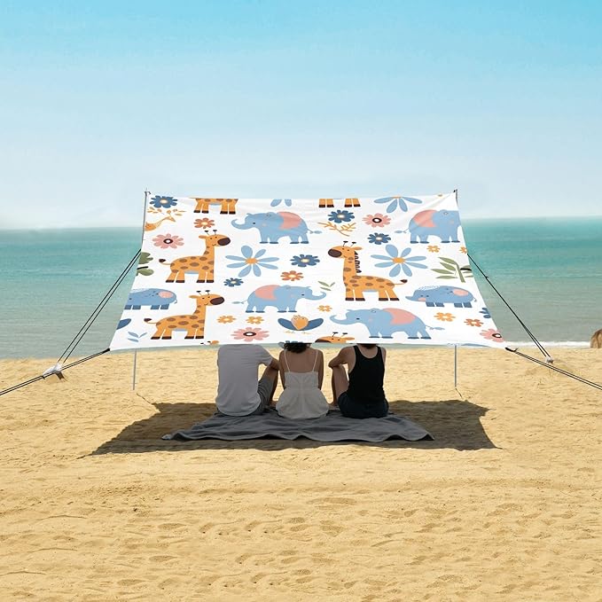 Giraffes Elephants Camping Sun Shelter Beach Tent Portable Beach Sun Shade Outdoor Canopy for Camping Trips Fishing Picnic