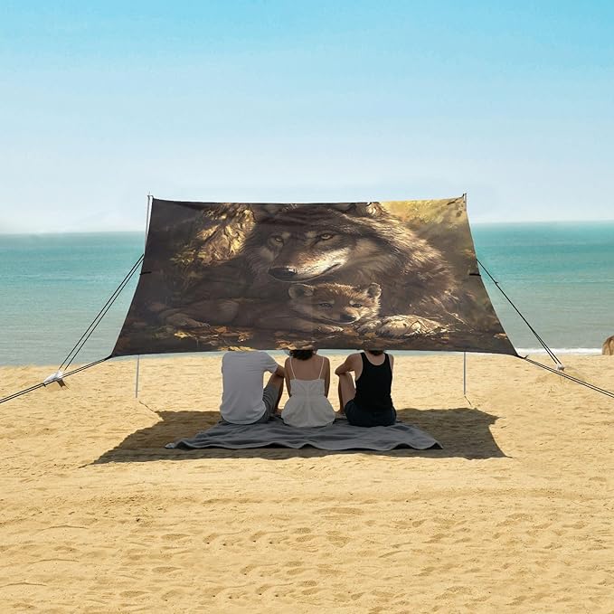 ALAZA Wolf &amp Wolf Baby Beach Tent Sun Shelter UPF50+ Protection Beach Shade Canopy w/ 4 Sandbags for Outdoor Camping Fishing Backyard Fun Picnic 10x9 ft