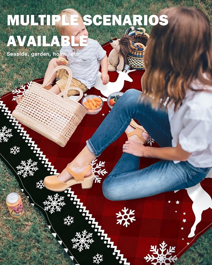 Beach Blanket Waterproof Sandproof OversizedChristmas Animal Elk Red Buffalo Plaid Beach Mat with Corner Stakes Sand PocketsWinter Snowflake White Shadow Outdoor Picnic Mat for Travel 95x80In