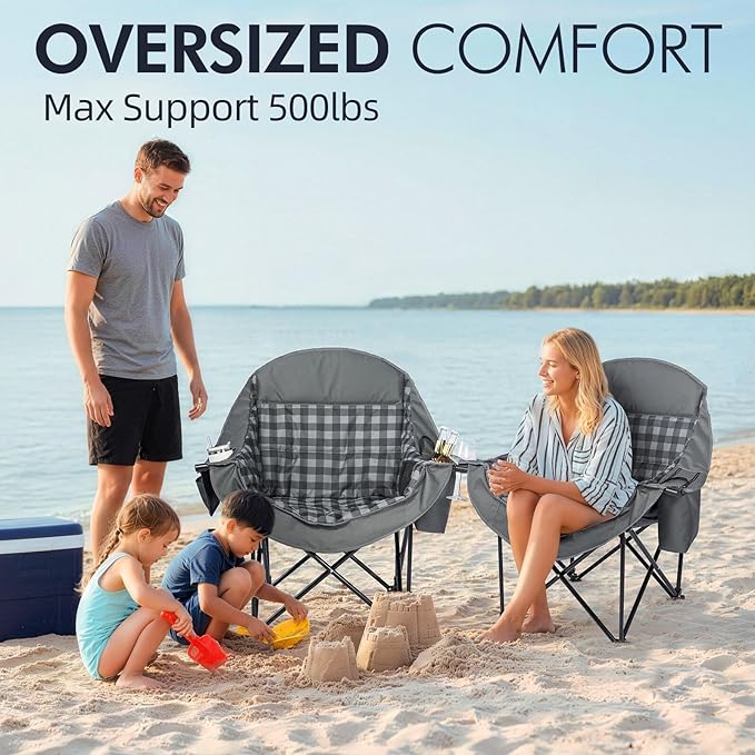 Oversized Camping Chairs for Adults - Heavy Duty Padded Outdoor Folding Lawn XL Camp Chair with Cup Holder Cooler Pockets for Outside Sports Beach Fishing Garden Portable Supports 500lbs Grey