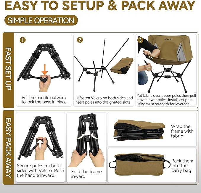 MARCHWAY Lightweight Folding Camping Chair Portable Foldable Compact for Outdoor Camp Travel Beach Picnic Festival Hiking Backpacking Supports 330Lbs (Khaki)