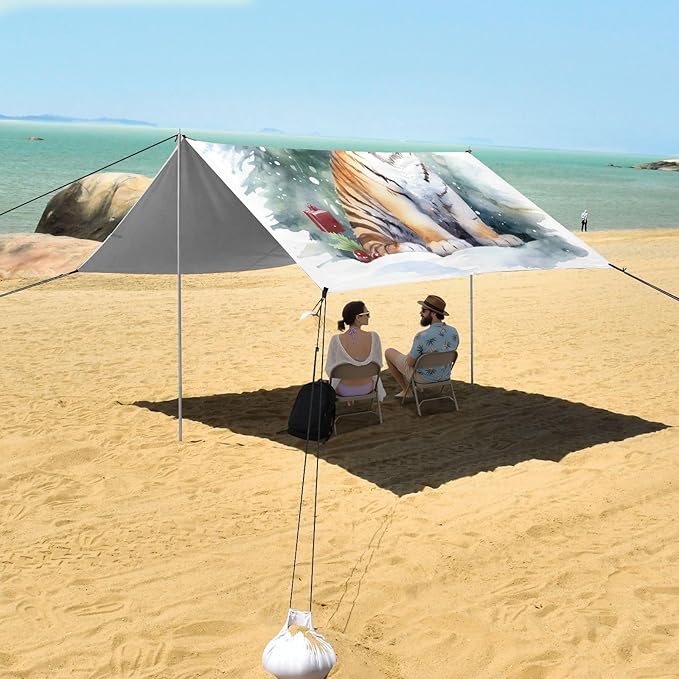 ALAZA Tiger Christmas Beach Tent Sun Shelter UPF50+ Protection Beach Shade Canopy w/ 4 Sandbags for Outdoor Camping Fishing Backyard Fun Picnic 10x9 ft