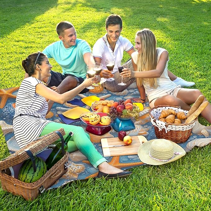 Waterproof Sandproof Beach Blanket 59''×68'' Conch Shells Polyester Outdoor Picnic Blanket with 4 Stakes &amp Storage Bag for BeachCampingVacation Oceans