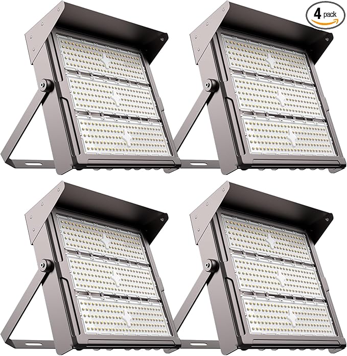 Upgrade 400W Outdoor Flood Lights with Brim AC100-277V LED Stadium Lights 60000Lm (1600W Eqv.)3 Modules IP65 Waterproof Area Lighting with Adjustable U Bracket-4Pack