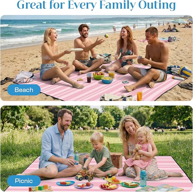 OIGAE Oversized Beach Blanket 9×10 ft Sand-Free Outdoor Mat for Groups Quick-Dry Picnic Blanket with Stakes &amp Corner Pockets Pink Stripe