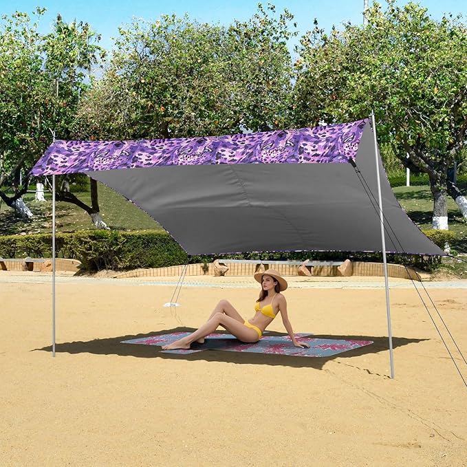 ALAZA Purple Leopard Print Beach Tent Sun Shelter UPF50+ Protection Beach Shade Canopy w/ 4 Sandbags for Outdoor Camping Fishing Backyard Fun Picnic 10x9 ft