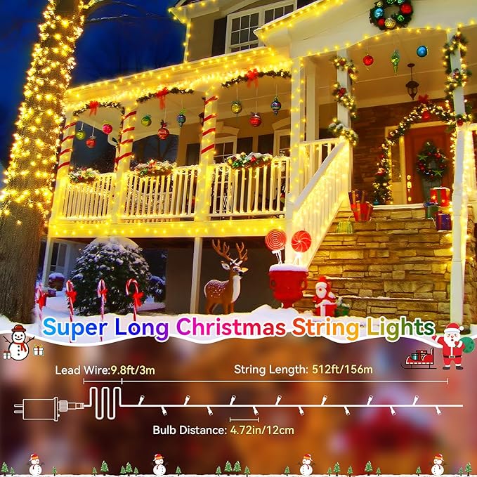 Heceltt Christmas Lights Outdoor 522FT 1300 LED String Lights with 8 Lighting Modes Timer Memory Twinkle Fairy Lights Waterproof Plug in for Xmas Tree Wedding Party Holiday Decor(Warm White)