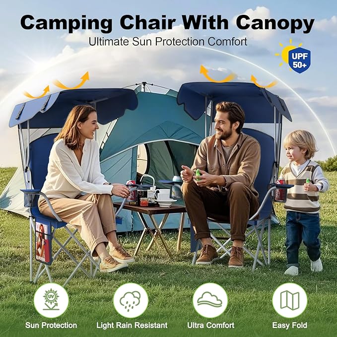 Portable Camping Chair with Canopy - Folding Chair with Canopy Durable 600D Oxford Canopy Chair for Camping Beach Picnics Fishing &amp Sports