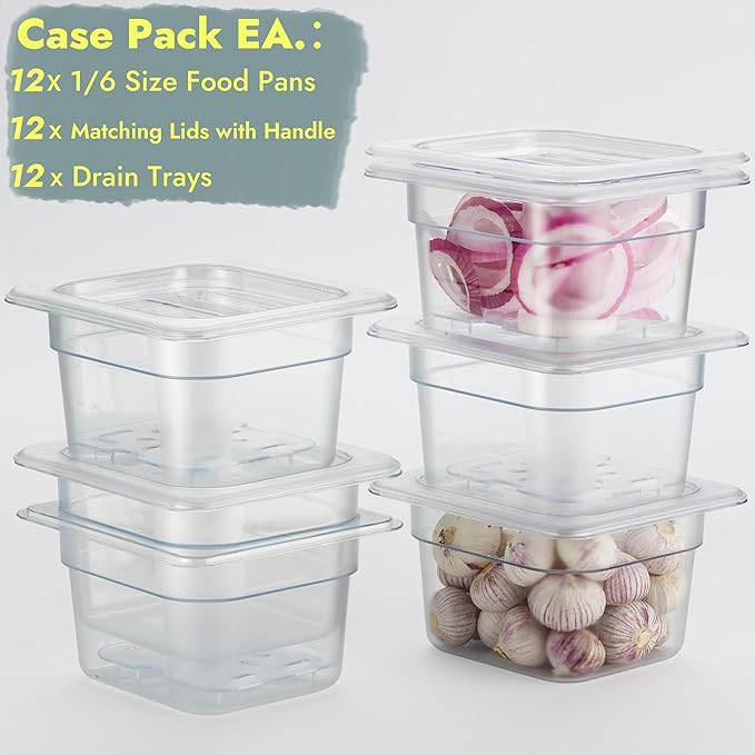 CURTA 12-Pack 1/6 Size 4 Deep NSF Polycarbonate Food Pan with Notched Lid &amp Drain Tray | Dishwasher &amp Freezer Safe Clear Container for Prep Tables Buffet Salad Bar Commercial Kitchen