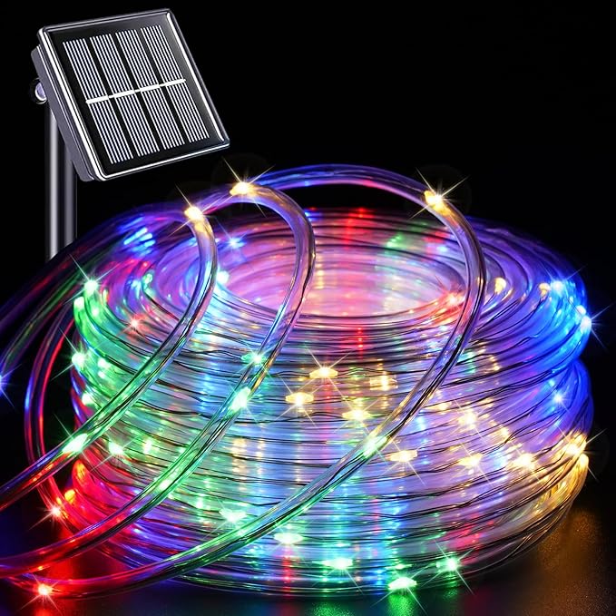 YEGUO Solar Christmas Light Outdoor Waterproof 66ft 200 LED Multicolor Rope Lights 8 Modes Tube String Lights in Clear Thin Tube