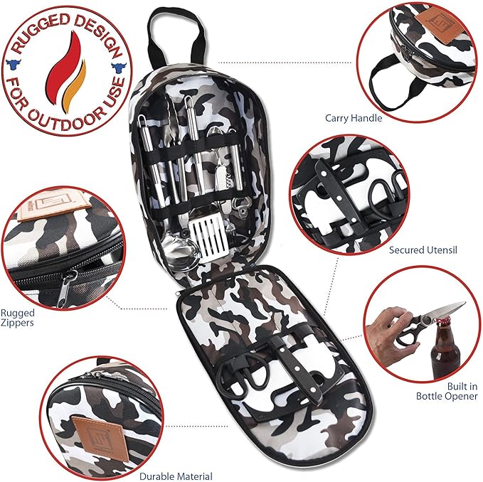 Wellmax 10-Piece Stainless Steel Camping Cooking Set – Compact All-in-One Cookware Kit with Utensils &amp Travel Bag for Campers Hikers Outdoor Adventures Grey Camo Color