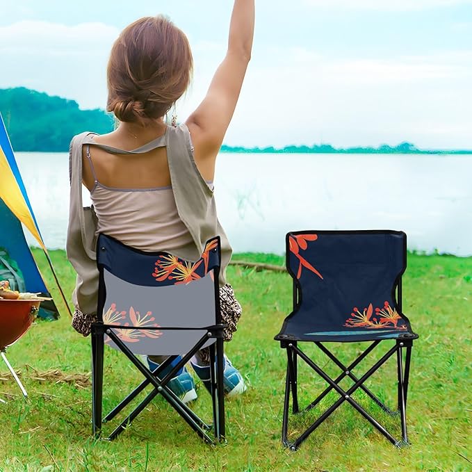 Flower Navy Blue Pattern Foldable Camp Chairs for Adults Heavy Duty Ultra-Lightweight Packable Chair Carry Bag Included for Traveling