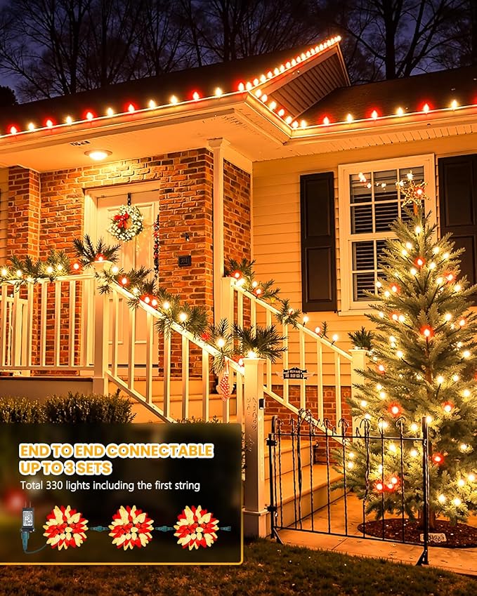 Minetom C9 Christmas Lights Outdoor 88FT 110LED String Lights with 8 Mode Waterproof Connectable UL Certified C9 Christmas Decorations for Indoor Outdoor Patio Roofline Decor Red＆Warm White