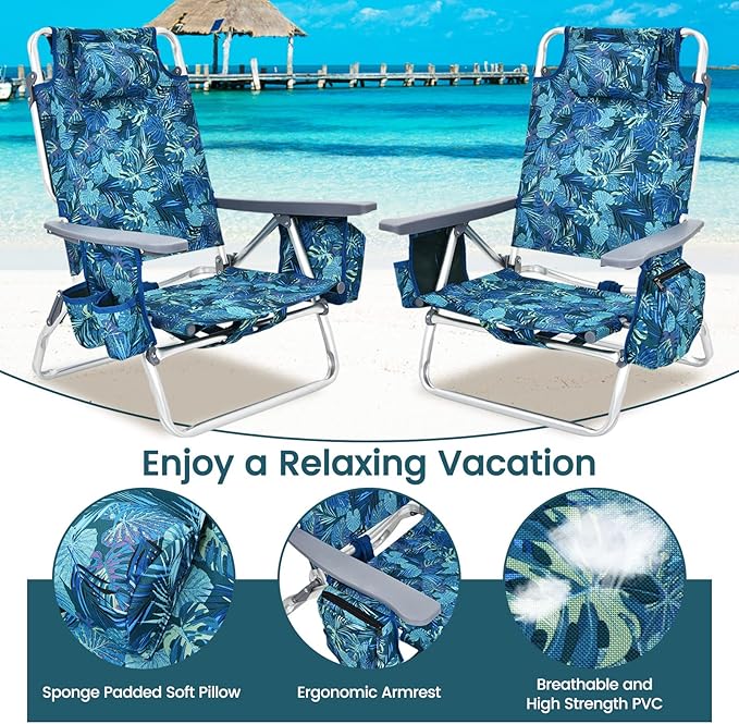 Tangkula Set of 2 Backpack Beach Chair 5-Position Lay Flat Beach Chairs with Cooler Bag 2 Cup Holders Towel Bar Lightweight Folding Beach Chair with Backpack Straps