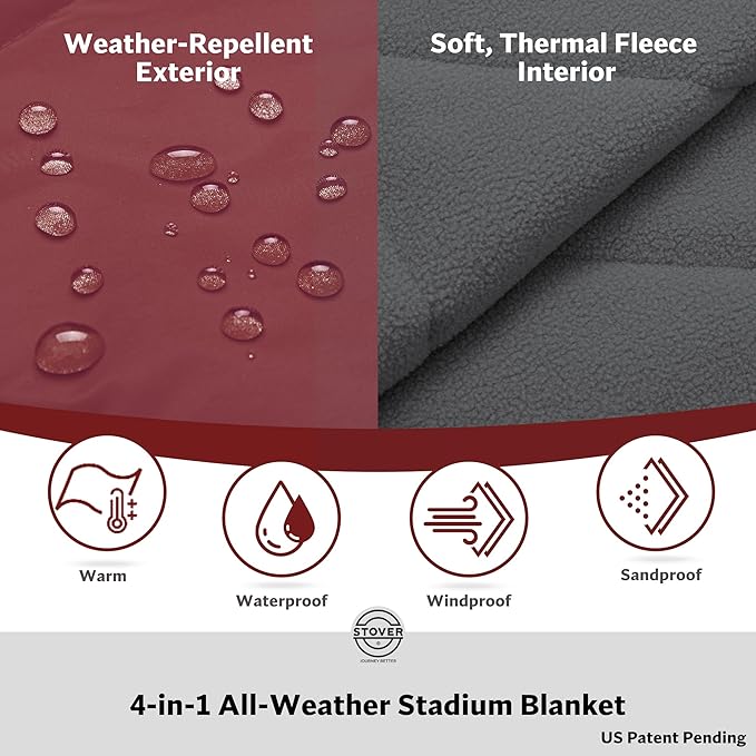 STOVER Large Waterproof Outdoor Stadium Blanket- Extra Thick Soft Fleece Camping Blanket for Travel Picnics Sports 79x55 Warm Windproof Sand-Proof Lightweight Packable (Game Day Crimson)