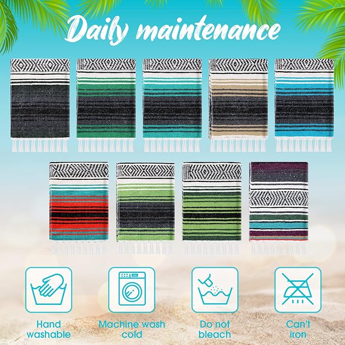Peryiter 9 Pcs Mexican Blanket Bulk Large Yoga Blanket Striped Falsa with Fringed for Outdoor Beach Picnic Couch 45 x 70 inch (Green Colors)