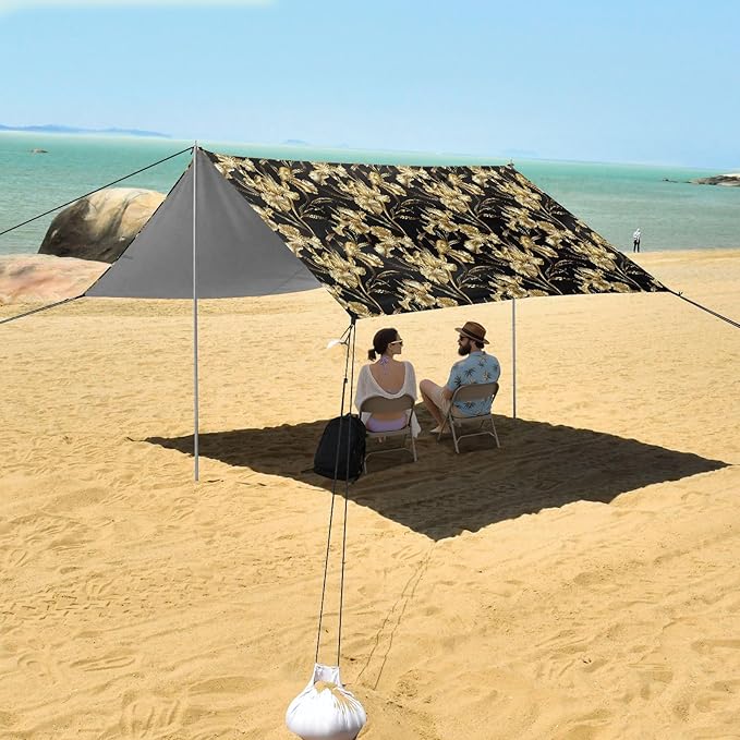 ALAZA Gold Iris Flower Beach Tent Sun Shelter UPF50+ Protection Beach Shade Canopy w/ 4 Sandbags for Outdoor Camping Fishing Backyard Fun Picnic 10x9 ft