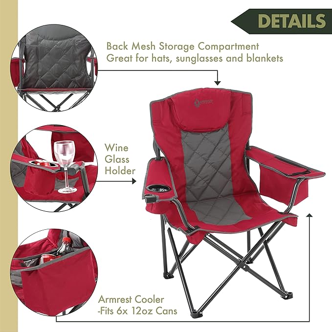 ARROWHEAD OUTDOOR 2-Pack Portable Folding Camping Quad Chair w/ 6-Can Cooler Cup &amp Wine Glass Holders Heavy-Duty Carrying Bag Padded Armrests Headrest &amp Seat Supports up to 550lbs