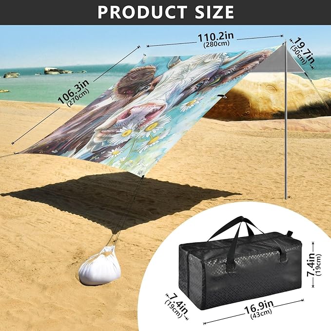 ALAZA Watercolor Cows with Chrysanthemum Farm Animal Portraits in Their Mouths Beach Tent Sun Shelter UPF50+ Protection Beach Shade Canopy w/ 4 Sandbags for Outdoor Camping Fishing Backyard Fun Pic