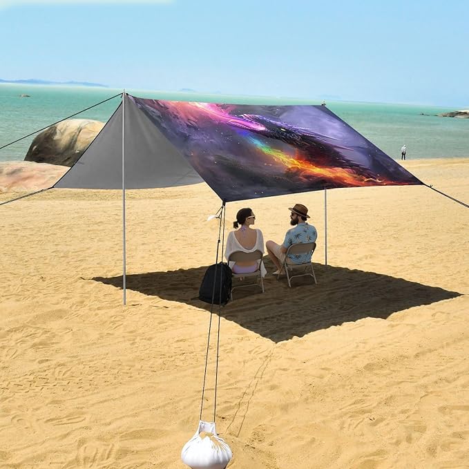 ALAZA Rabinbow Dragon Beach Tent Sun Shelter UPF50+ Protection Beach Shade Canopy w/ 4 Sandbags for Outdoor Camping Fishing Backyard Fun Picnic 10x9 ft